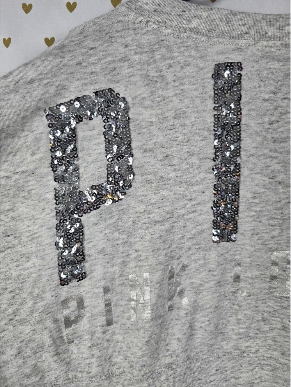 Victorias Secret PINK Campus Long Sleeve Grey BLING SEQUINED Tee V Neck Shirt SM - Picture 5 of 6